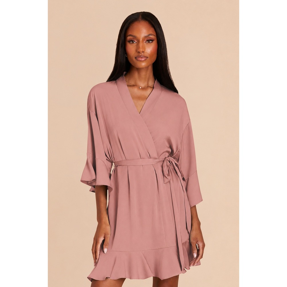 Birdy Grey Kenny Robe Matte Dusty Rose Pink Ruffle Sleeve Tie Waist M/L